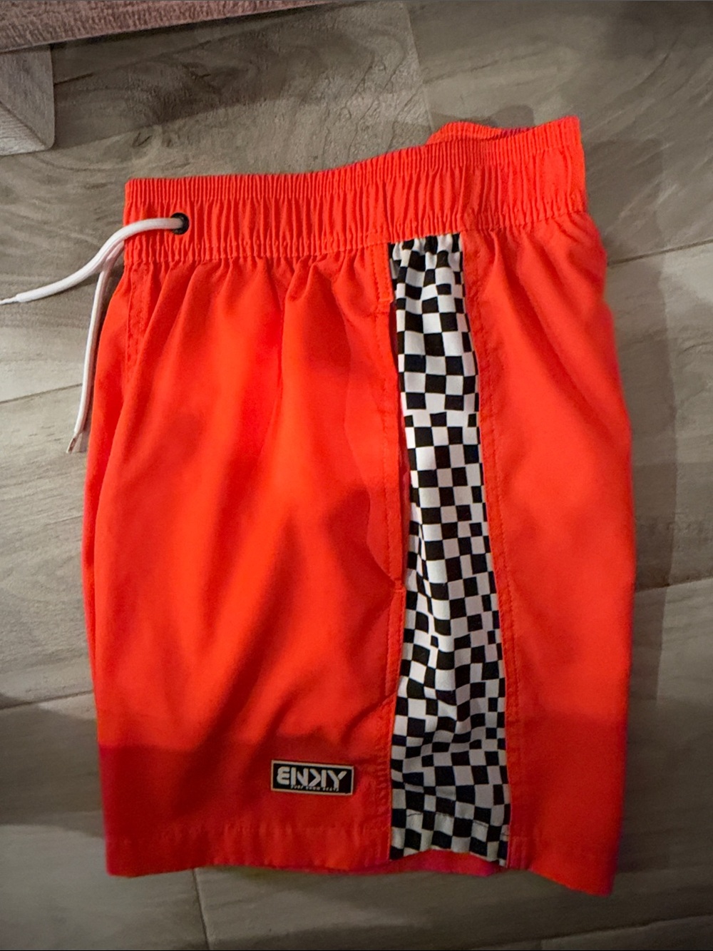 Neon Orange Swim Shorts with Checkerboard Side Stripe